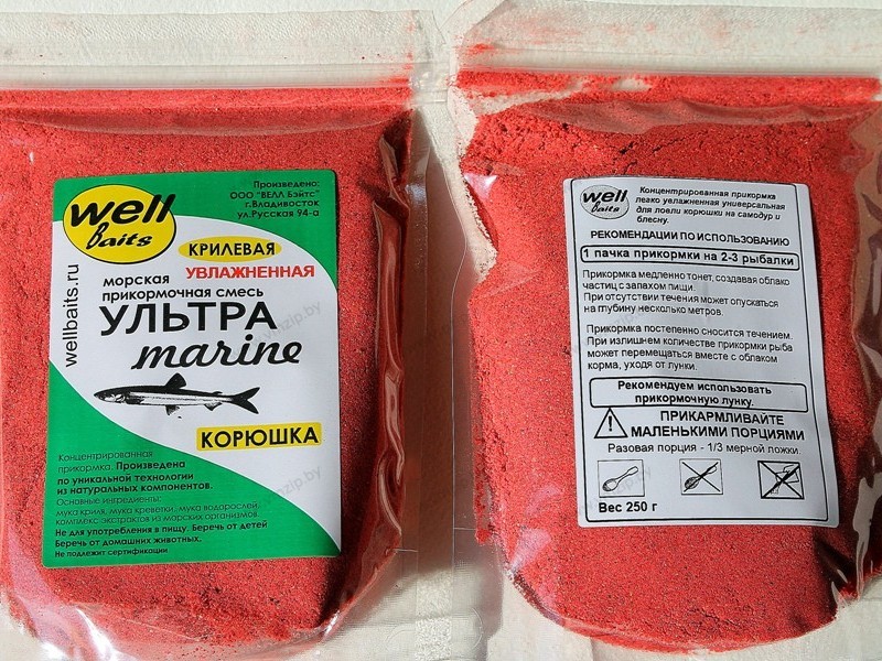 Прикормка Well Baits УЛЬТРА Marine корюшка КРИЛЕВАЯ увлажнённая 250гр красный